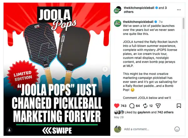 Joola Pops paddle launch for summer pickleball marketing campaign.